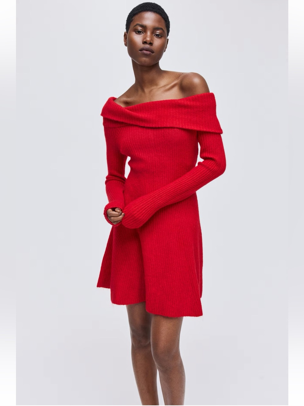 H&M Rib-Knit Off-the-Shoulder Dress - Vibrant Red - Size S